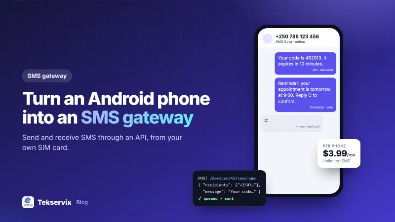 Android phone used as an SMS gateway, sending codes and reminders through the SMS Gora API